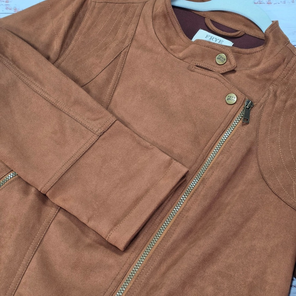 Frye and Co Moto Jacket Womens Large Brown Excellent Faux Suede Asymmetric Zip